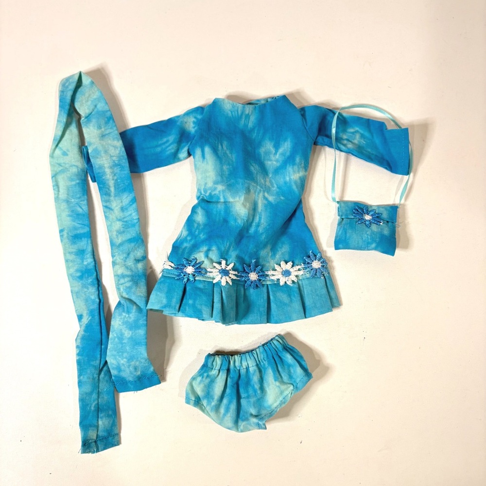 Handmade 14 in Doll Clothes Set Blue Tie Dye Dress Bloomers Bag 4pc Outfit